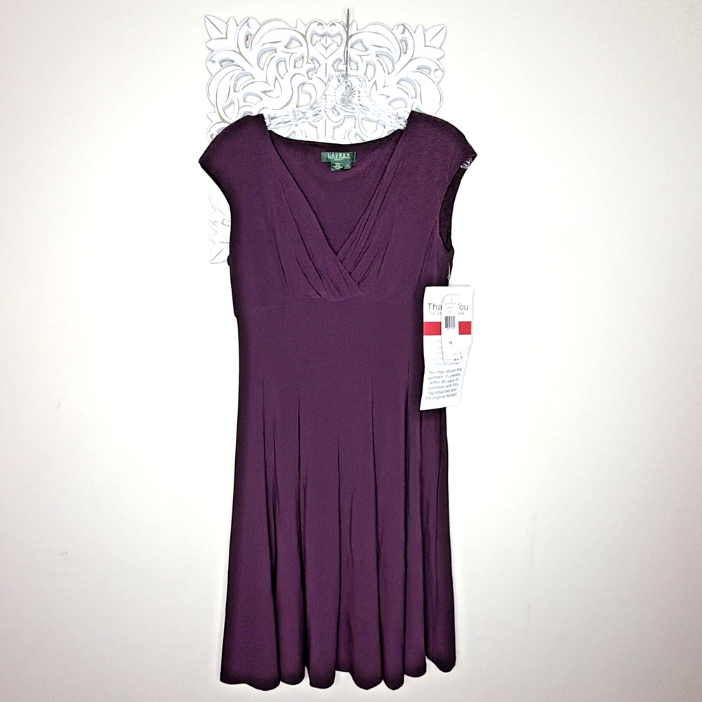 LAUREN Ralph Lauren DRESS size 10 Empire Waist V-neck Cap Sleeves Raisin PURPLE